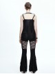 Punk Style Personality Elastic Burning Flower Tattered Knitted Front Chest Metal Rivets With Cross Laces Decorated Black Sleeveless T-Shirt