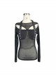 Punk Style Sexy Hollow Mesh Splicing Knitted Fabric Front Center Spike Rivet Leather Ring Design Black Long Sleeved Halter Neck T-Shirt