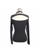 Punk Style Sexy Hollow Mesh Splicing Knitted Fabric Front Center Spike Rivet Leather Ring Design Black Long Sleeved Halter Neck T-Shirt