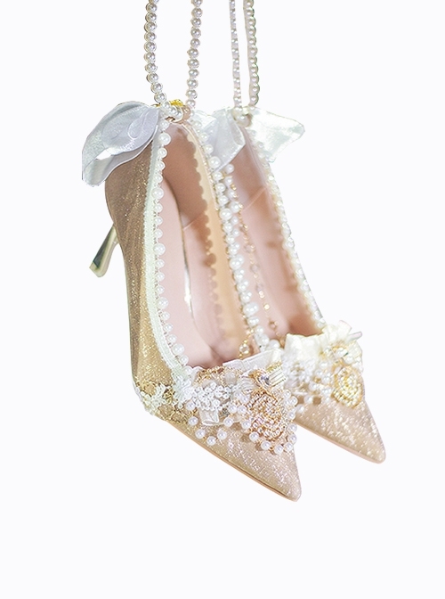 Hera Series Shining Elegant Flower Wedding Pearl Chain Bowknot Classic Lolita Gold Stiletto Pointed High Heels Shoes