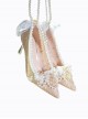 Hera Series Shining Elegant Flower Wedding Pearl Chain Bowknot Classic Lolita Gold Stiletto Pointed High Heels Shoes