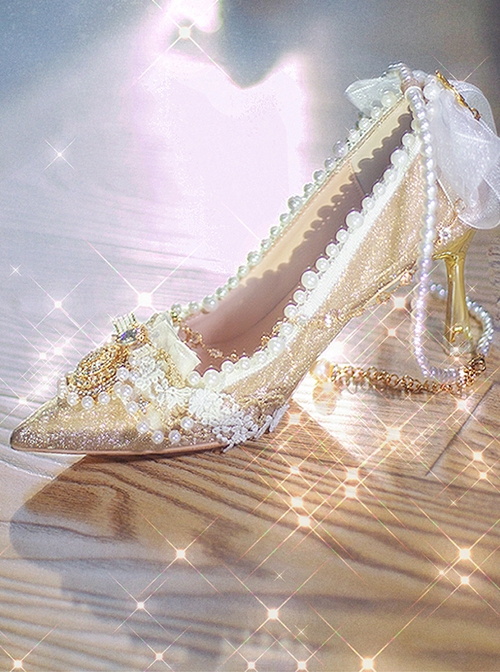 Hera Series Shining Elegant Flower Wedding Pearl Chain Bowknot Classic Lolita Gold Stiletto Pointed High Heels Shoes