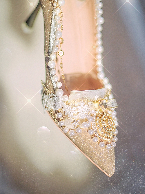 Hera Series Shining Elegant Flower Wedding Pearl Chain Bowknot Classic Lolita Gold Stiletto Pointed High Heels Shoes