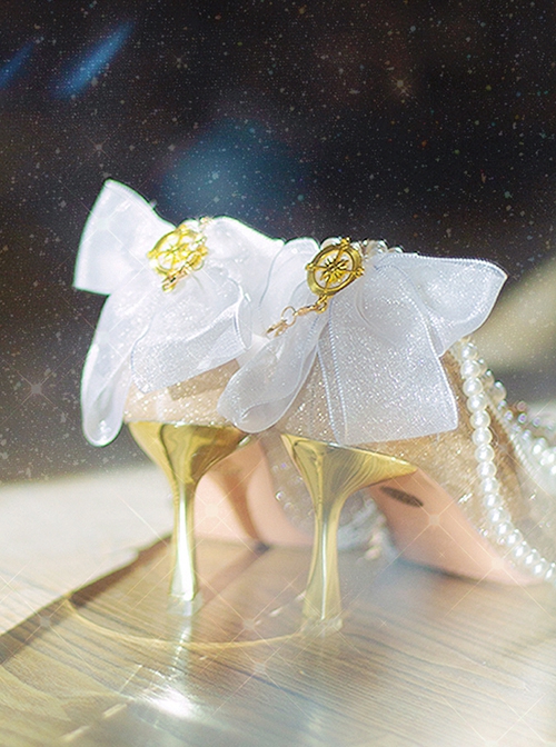 Hera Series Shining Elegant Flower Wedding Pearl Chain Bowknot Classic Lolita Gold Stiletto Pointed High Heels Shoes