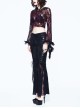 Gothic Style Sexy Micro Transparent Flocking Rose Print Pattern Neckline Splicing Lace Burgundy Trumpet Sleeve T-Shirt