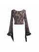 Gothic Style Sexy Micro Transparent Flocking Rose Print Pattern Neckline Splicing Lace Burgundy Trumpet Sleeve T-Shirt