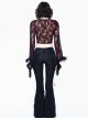 Gothic Style Sexy Micro Transparent Flocking Rose Print Pattern Neckline Splicing Lace Burgundy Trumpet Sleeve T-Shirt