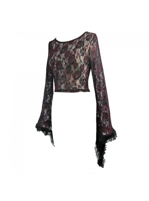 Gothic Style Sexy Micro Transparent Flocking Rose Print Pattern Neckline Splicing Lace Burgundy Trumpet Sleeve T-Shirt