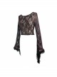 Gothic Style Sexy Micro Transparent Flocking Rose Print Pattern Neckline Splicing Lace Burgundy Trumpet Sleeve T-Shirt