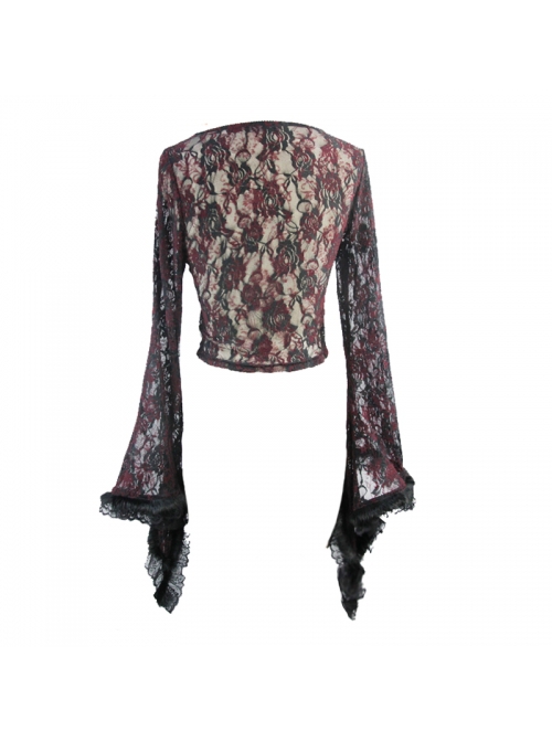 Gothic Style Sexy Micro Transparent Flocking Rose Print Pattern Neckline Splicing Lace Burgundy Trumpet Sleeve T-Shirt