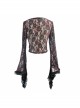 Gothic Style Sexy Micro Transparent Flocking Rose Print Pattern Neckline Splicing Lace Burgundy Trumpet Sleeve T-Shirt