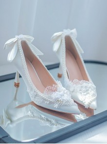 White Moonlight Series French Elegant White Lace Bowknot Pearl Classic Lolita Satin Pointed Stiletto Heels Shoes