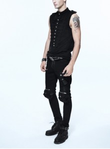 Punk Style Stretch Knitted Fabric Frog Button On The Chest With Carved Buttons Black Sleeveless T-Shirt