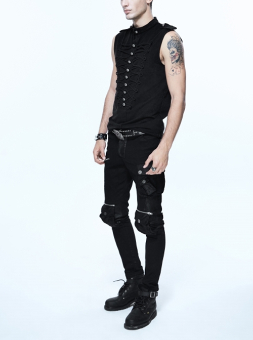 Punk Style Stretch Knitted Fabric Frog Button On The Chest With Carved Buttons Black Sleeveless T-Shirt