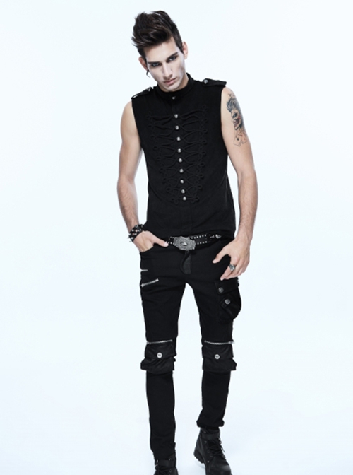 Punk Style Stretch Knitted Fabric Frog Button On The Chest With Carved Buttons Black Sleeveless T-Shirt