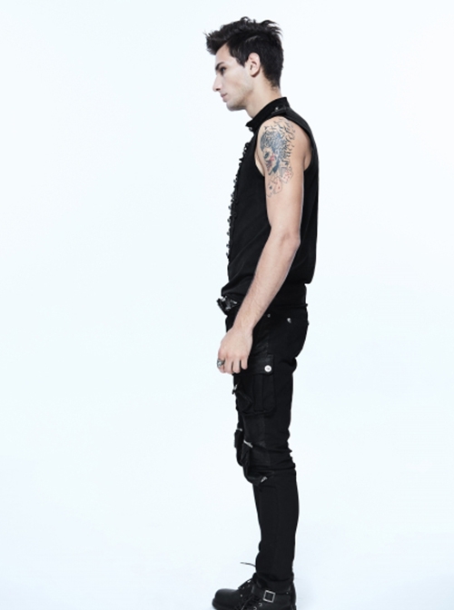 Punk Style Stretch Knitted Fabric Frog Button On The Chest With Carved Buttons Black Sleeveless T-Shirt