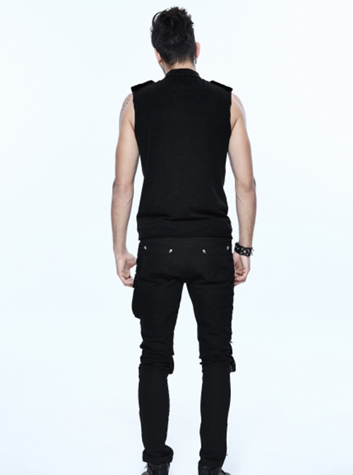 Punk Style Stretch Knitted Fabric Frog Button On The Chest With Carved Buttons Black Sleeveless T-Shirt