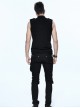 Punk Style Stretch Knitted Fabric Frog Button On The Chest With Carved Buttons Black Sleeveless T-Shirt