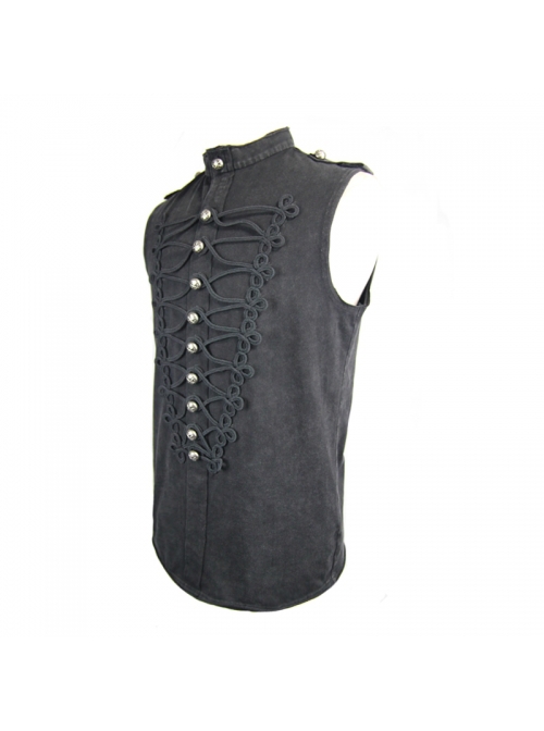 Punk Style Stretch Knitted Fabric Frog Button On The Chest With Carved Buttons Black Sleeveless T-Shirt