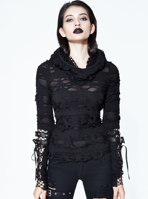 Punk Style Wild Elastic Hole Knitted Fabric Cuffs Leather Ring Lace Stitching Design Black Women's Hooded Long Sleeved T-Shirt