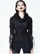 Punk Style Wild Elastic Hole Knitted Fabric Cuffs Leather Ring Lace Stitching Design Black Women's Hooded Long Sleeved T-Shirt