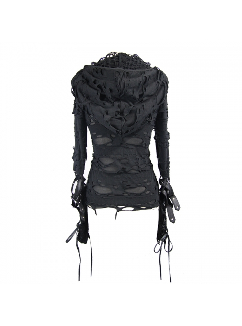 Punk Style Wild Elastic Hole Knitted Fabric Cuffs Leather Ring Lace Stitching Design Black Women's Hooded Long Sleeved T-Shirt