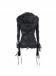 Punk Style Wild Elastic Hole Knitted Fabric Cuffs Leather Ring Lace Stitching Design Black Women's Hooded Long Sleeved T-Shirt