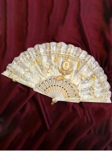 Retro European Palace Style White Pearl Flower Wedding Tea Party Classic Lolita Mesh Yarn Lace Fan