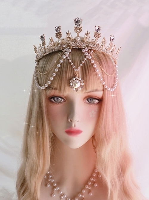 European Retro Gorgeous Baroque Diamond Pearl Chain Golden Wheat Ears Classic Lolita Crown