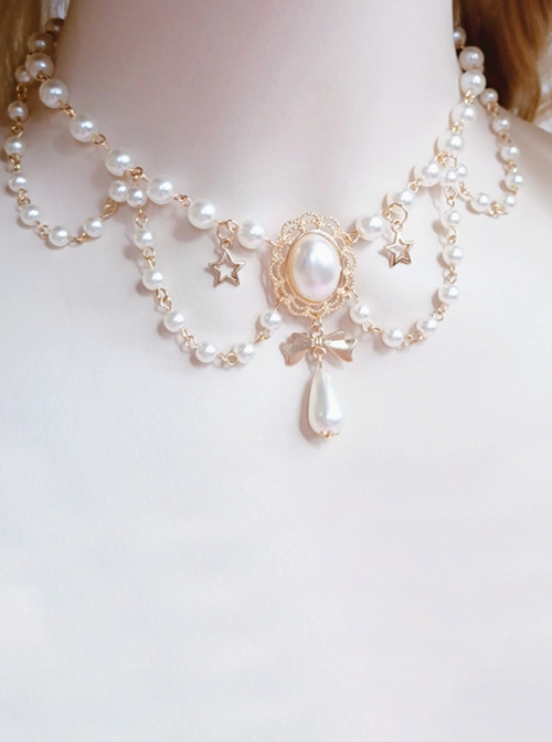 Vintage European Style Baroque Star Hardware White Pearl Pendant Chain Classic Lolita Necklace