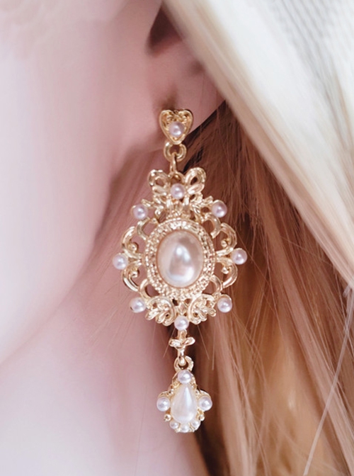 Retro Elegant Court Baroque Style Tea Party Exquisite Classic Lolita White Pearl Earrings