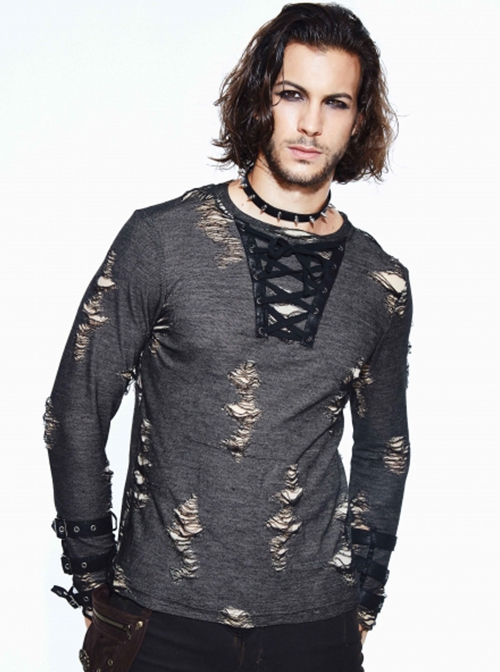 Punk Style Apricot Ripped Fabric Eyelet Neckline With Cuff Leather Ring Design Black Daily Long Sleeved T-Shirt