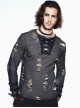 Punk Style Apricot Ripped Fabric Eyelet Neckline With Cuff Leather Ring Design Black Daily Long Sleeved T-Shirt