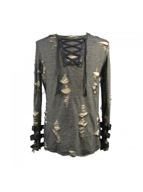 Punk Style Apricot Ripped Fabric Eyelet Neckline With Cuff Leather Ring Design Black Daily Long Sleeved T-Shirt