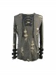 Punk Style Apricot Ripped Fabric Eyelet Neckline With Cuff Leather Ring Design Black Daily Long Sleeved T-Shirt