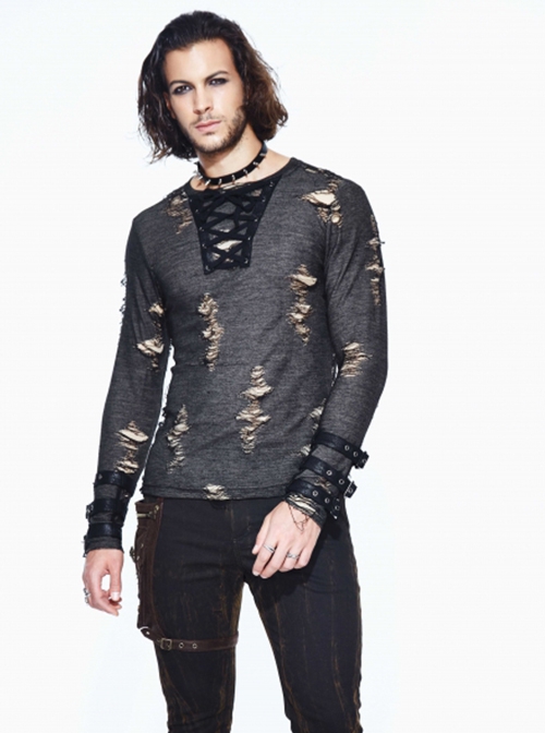 Punk Style Apricot Ripped Fabric Eyelet Neckline With Cuff Leather Ring Design Black Daily Long Sleeved T-Shirt