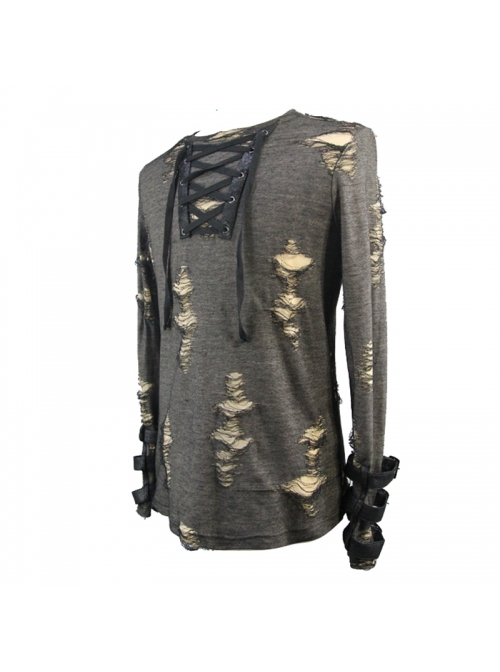 Punk Style Apricot Ripped Fabric Eyelet Neckline With Cuff Leather Ring Design Black Daily Long Sleeved T-Shirt