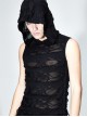 Punk Style Personality Elastic Hole Fabric Waist Side Eyelet Lace Up Decoration Black Daily Hooded Sleeveless T-Shirt