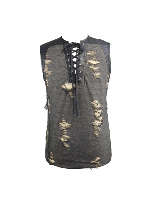 Punk Style Apricot Ripped Fabric Eyelet Neckline Lace Up Black Daily Sleeveless T-Shirt