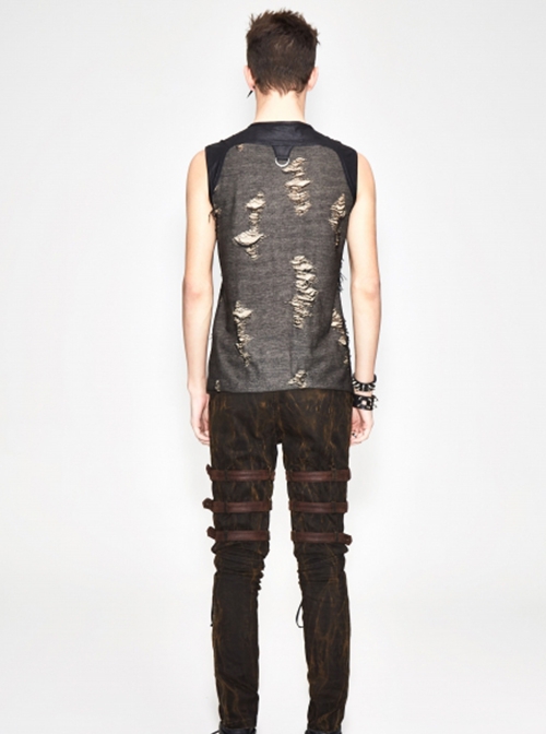 Punk Style Apricot Ripped Fabric Eyelet Neckline Lace Up Black Daily Sleeveless T-Shirt