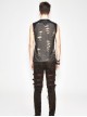 Punk Style Apricot Ripped Fabric Eyelet Neckline Lace Up Black Daily Sleeveless T-Shirt