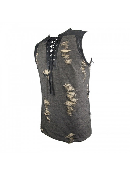 Punk Style Apricot Ripped Fabric Eyelet Neckline Lace Up Black Daily Sleeveless T-Shirt