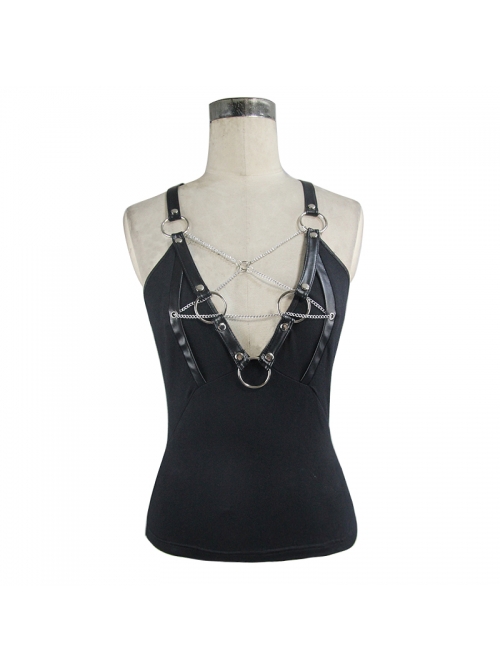 Punk Style Comfortable Pure Cotton Knitted Front Center Eyelet Five Pointed Star Metal Buckle Link Black Leather Ring Camisole Vest