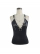 Punk Style Comfortable Pure Cotton Knitted Front Center Eyelet Five Pointed Star Metal Buckle Link Black Leather Ring Camisole Vest