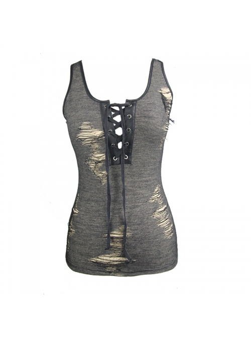 Punk Style Apricot Ripped Fabric Low Neckline Eyelet Lace Up Decoration Black Daily Sleeveless Vest