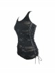 Punk Style Elastic Hole Fabric Waist Side Eyelet Tie Rope Design Black Sexy Backless Daily Vest