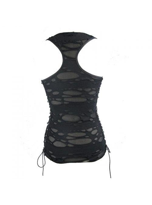 Punk Style Elastic Hole Fabric Waist Side Eyelet Tie Rope Design Black Sexy Backless Daily Vest