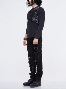 Punk Style Old Fashioned Asymmetric Leather Metal Rivet Shoulder Pads Black Fake Two Piece Long Sleeved T-Shirt