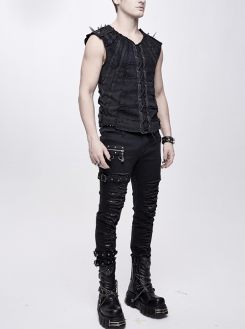 Punk Style Old Fashioned Elastic Knitted Patchwork With Cowhide Metal Rivet Shoulder Guards Decorated Black Sleeveless Vest