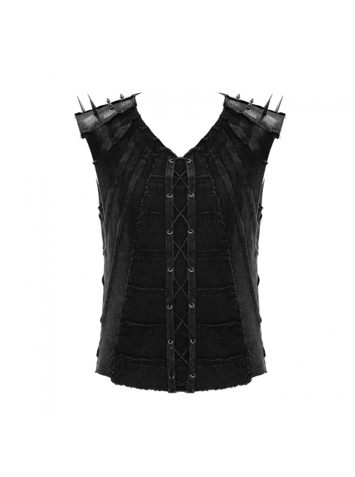 Punk Style Old Fashioned Elastic Knitted Patchwork With Cowhide Metal Rivet Shoulder Guards Decorated Black Sleeveless Vest